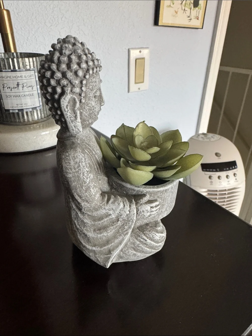 Ashland Gray Buddha Planter with Green Faux Succulent